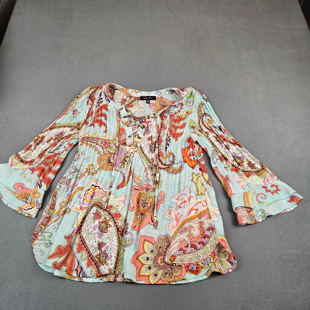Melissa Paige Petite PM Paisley Lace Up Bell Sleeve Boho Blouse Aqua Orange